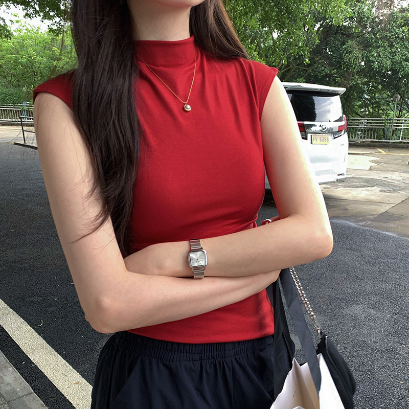 Suxi - Retro Đơn Giản Mùa Hè Mới Cổ Cao Đa Năng Áo Thun Nữ Tay Ngắn Cổ Cao Đa Năng 240504