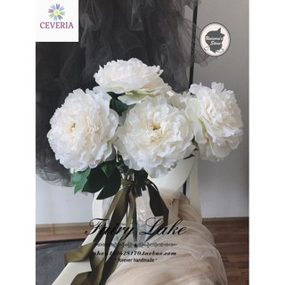 Cành hoa trà mẫu đơn từ lụa kèm lá và nụ cao 30 cm, bôn lớn 10cm