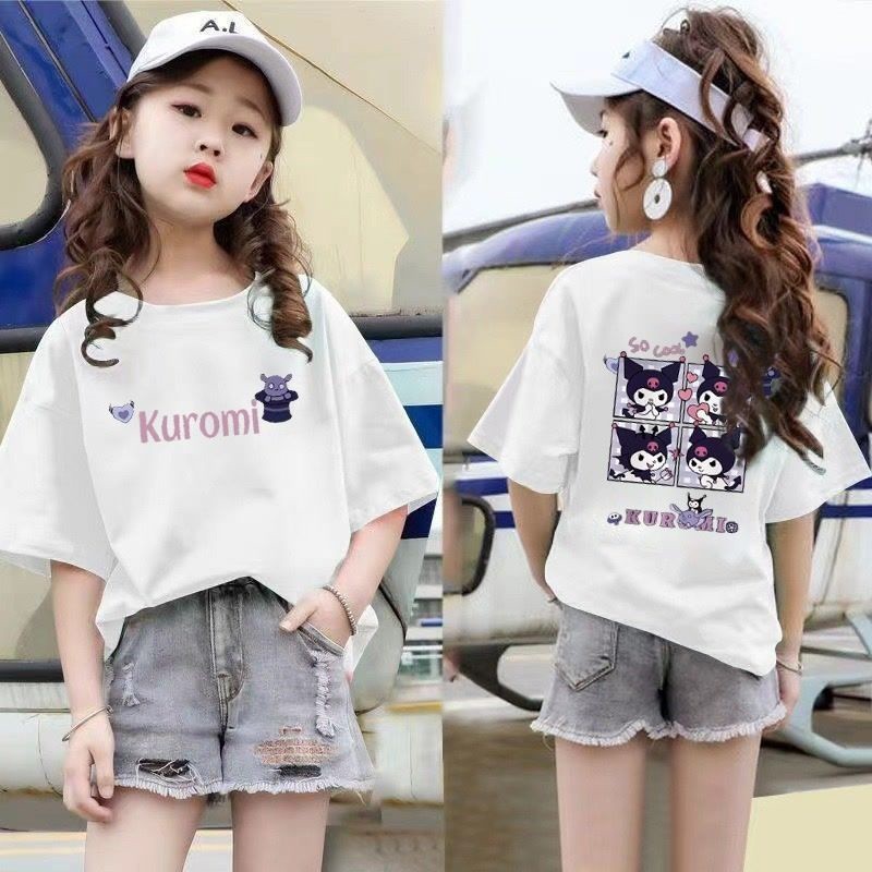 Mùa Hè Kuromi Họa Tiết Hoạt Hình Áo Thun Bé Gái Họa Tiết Áo Sơ Mi Trẻ Em Hàng Ngày Tay Ngắn
