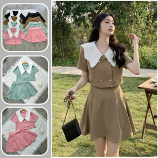 Set thiết kế dự tiệc áo tay ngắn cổ bèo gợn sóng croptop kèm chân váy ngắn xòe xếp ly chữ A xinh xắn 50-59kg SET829