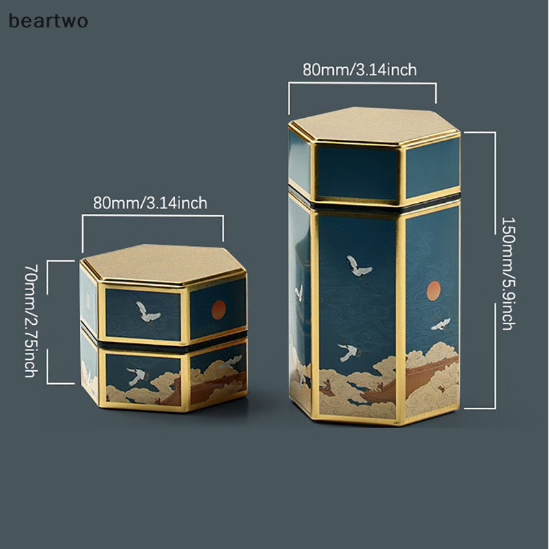 < Beartwo > Ấm trà hình lục giác sáng tạo Hộp thiếc Trung Quốc Hộp đựng trà di động kín Hộp trà rỗng Bộ trà Phụ kiện đẹp