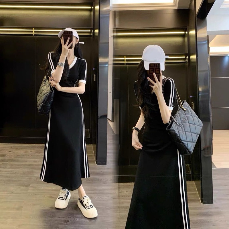 Đầm váy cộc tay dáng dài thiết kế cổ V phối sọc trắng hàng QCCC hottrend XIMIMI SP149