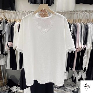 Áo thun tay ngắn cỡ lớn dành cho nữ, phong cách Hàn, dáng rộng 75kg Áo cổ chữ V bằng cotton nguyên chất có thiết kế viền ren rỗng, tôn dáng và đa năng dành cho phụ nữ ngoại cỡ