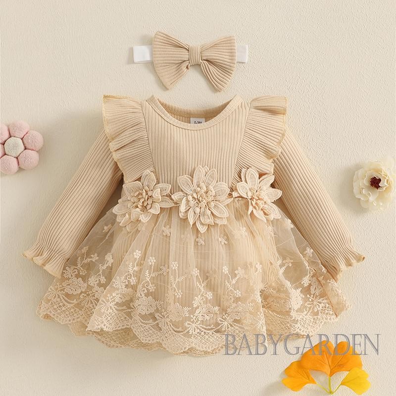 / / -Baby Girls Lưới 3D Váy liền quần dài tay có gân + Băng đô nơ