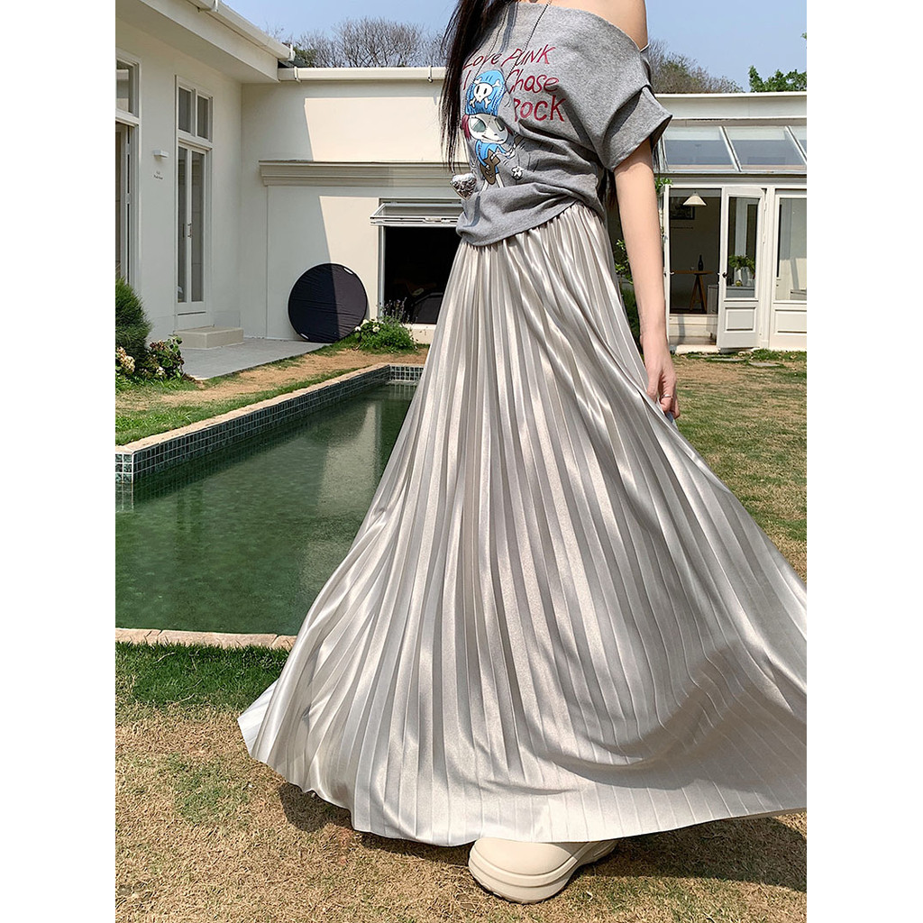 SUXI Tính khí mùa xuân Thiết kế nhẹ nhàng Drape Váy dài nữ cạp cao 250228