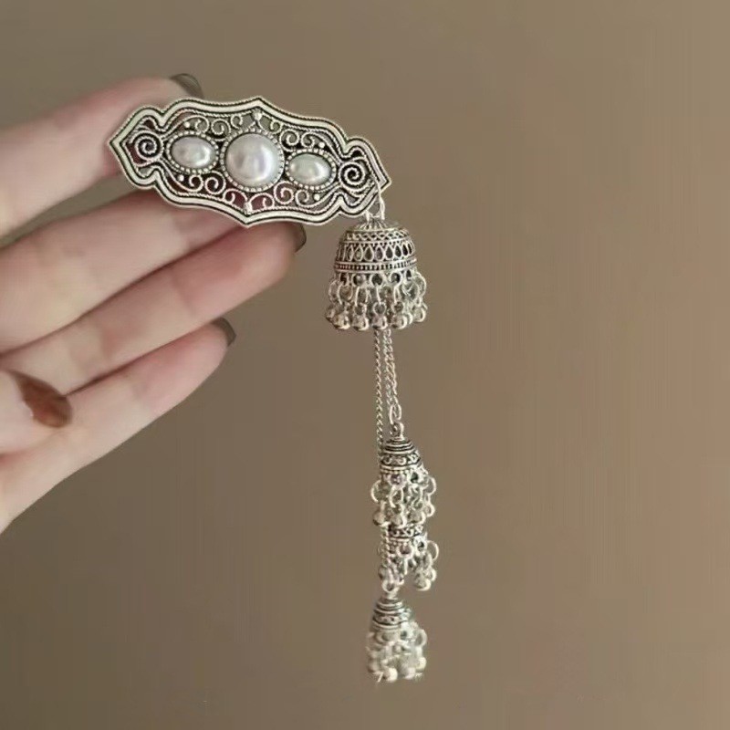 Mauropoli [Sẵn Sàng] Kẹp Tóc Tây Tạng Phong Cách Trung Hoa Mới Bạc Bên Tai Tua Rua Kẹp Tóc Chuông Nữ Niche Mông Cổ Kẹp Tóc Cô Dâu Trang Điểm Mũ Đội Đầu