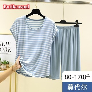 Phụ Nữ Sọc Bộ Rời Mỏng Kích Thước Lớn Thủy Thủ Đoàn Cổ Bộ Đồ Ngủ Mùa Hè Áo Thun Không Tay Quần Bộ