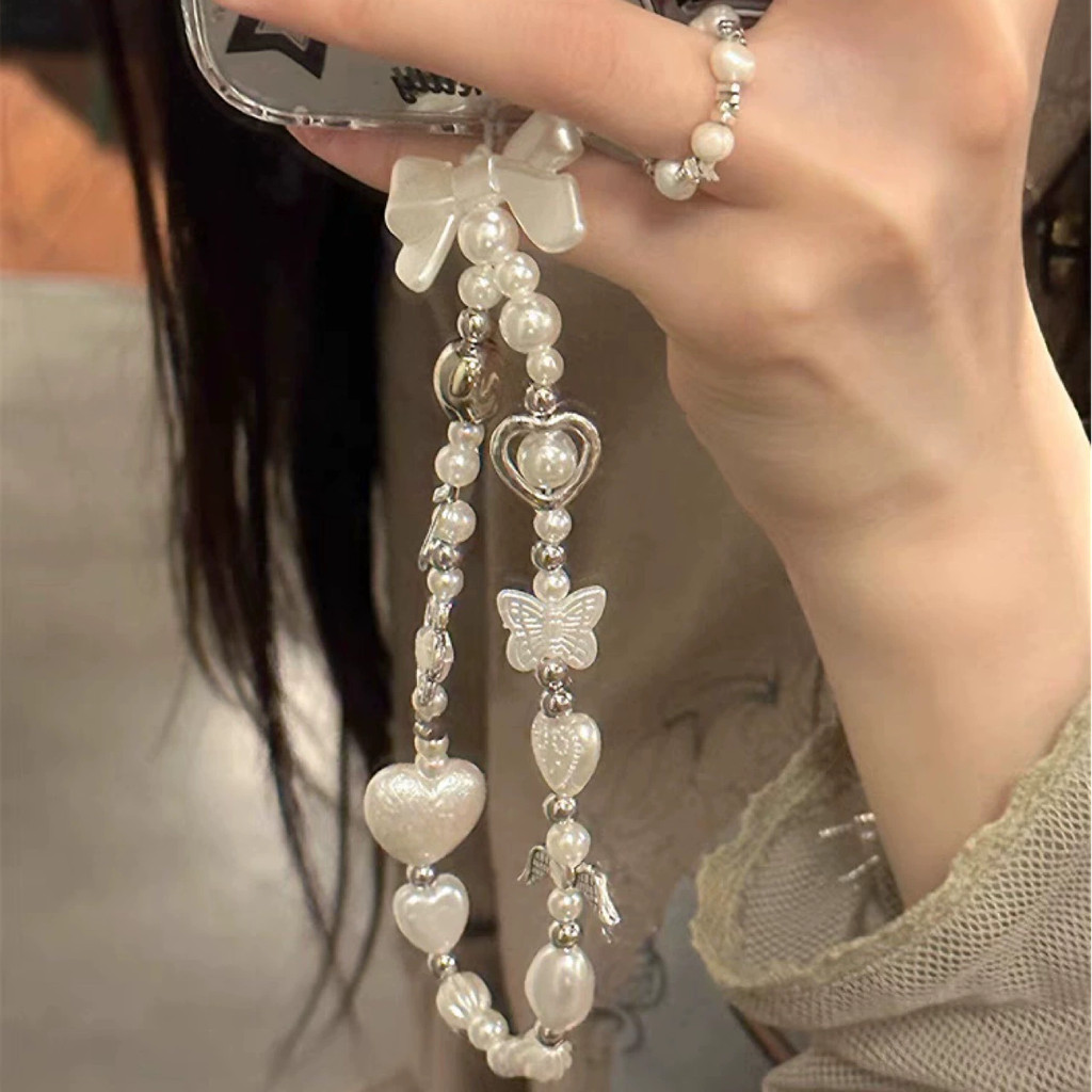 Dây chuyền điện thoại đính cườm nơ trắng Baroque - Trang trí chìa khóa ô tô - Mặt dây chuyền trang sức cô gái tinh tế - Ba lô DIY Charm treo - Quà tặng cho những người bạn thân nhất, trẻ em - Thời trang, Đa năng