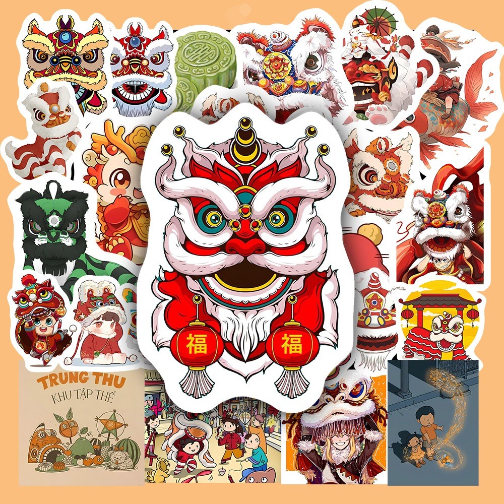 Hộp 25 Miếng Dán Sticker HÌNH TẾT TRUNG THU - Chống Thấm Nước Trang Trí laptop, vali - NSX Gì Cũng In