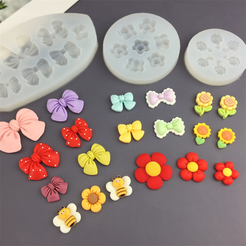 Năm Cánh Hoa Hướng Dương Ong Hoa Nơ Hoa Silicon Khuôn Trang Trí Bánh Sô Cô La Khuôn Handmade Hoàn Thiện Mô Hình Thạch Cao Trang Trí Khuôn