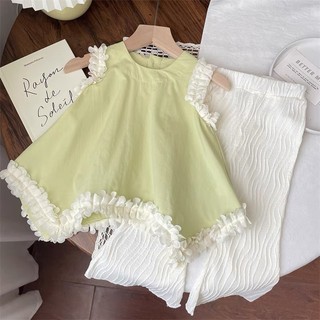 Bộ đồ bé gái hè phong cách Hàn Quốc - Áo viền bèo dễ thương kèm quần ống rộng thoải mái