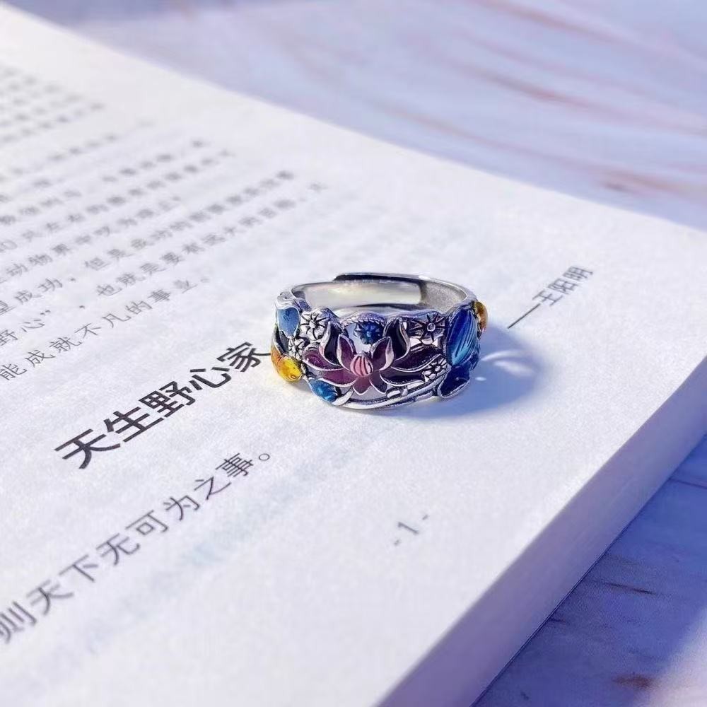 Nhẫn mở phong cách dân tộc bằng bạc sterling xanh men vintage thanh lịch