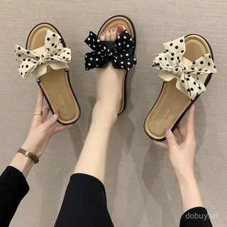 Dép mùa hè phong cách Hàn Quốc cho phụ nữ, giày bãi biển phẳng chấm bi ngoài trời, dép sandal nơ thời trang, dép một dây