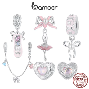 Bamoer 925 Sterling Sliver Charm Girlish Heart Ballet Swan Bow Mặt dây chuyền cho vòng tay Quà tặng