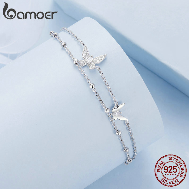 Bamoer 925 Sterling Sliver Vòng Tay Hai Lớp Bướm Vòng Tay Trang Sức Quà Tặng Cho Nữ BSB154