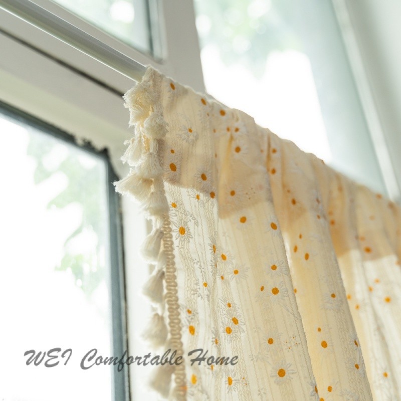 Rèm cotton hoa cúc tua rua kiểu Nhật cho cửa sổ bếp, ngắn, trang trí cửa cà phê