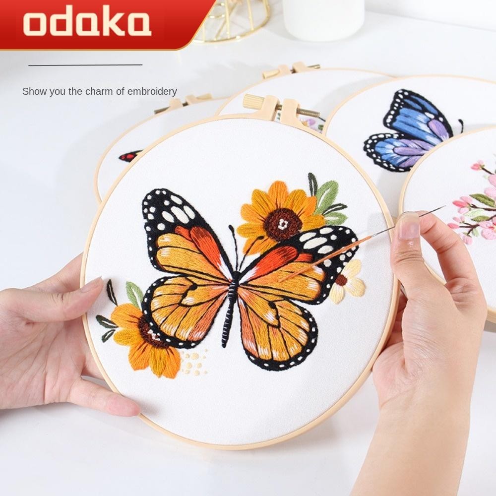 ODAKA Cross Stitch Kit, Bướm DIY Crafts Thêu Hoa, Trang Trí Kim Punch Handmade Kim Ren Thêu Hoop Người Mới Bắt Đầu