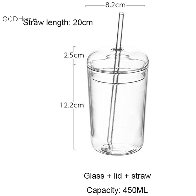 Gcdhome 450ml Cốc Thủy Tinh Có Nắp Và Ống Hút Trà Trong Suốt Cà Phê Nước Trái Cây Bia Thủy Tinh Có Thể Sữa Mocha Ăn Sáng Cốc Drinkware Cốc HOT
