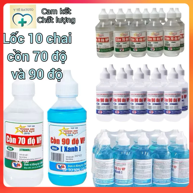 Lốc 10 chai Cồn 70 độ và cồn 90 độ Vĩnh Phúc tiệc trùng và sát trùng (60ml)