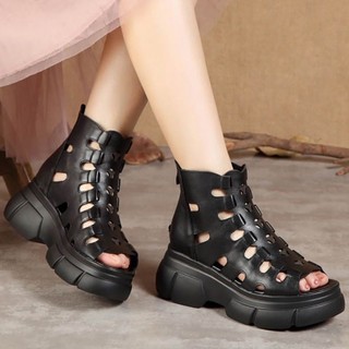 Dép sandal da nữ đế dày, cao gót, kiểu La Mã, miệng cá, phong cách retro 2024