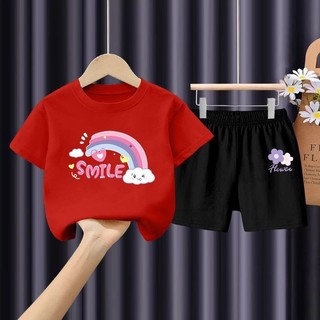 Bộ quần áo mùa hè in hình cầu vồng năm 2025 dành cho bé gái Bộ quần Short và áo thun ngắn tay đầy màu sắc