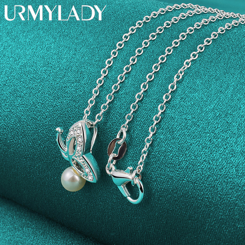 URMYLADY Bạc 925 Bướm Ngọc Trai Mặt Dây Chuyền 16-30 Inch Vòng Cổ Cho Nữ Trang Sức Thời Trang