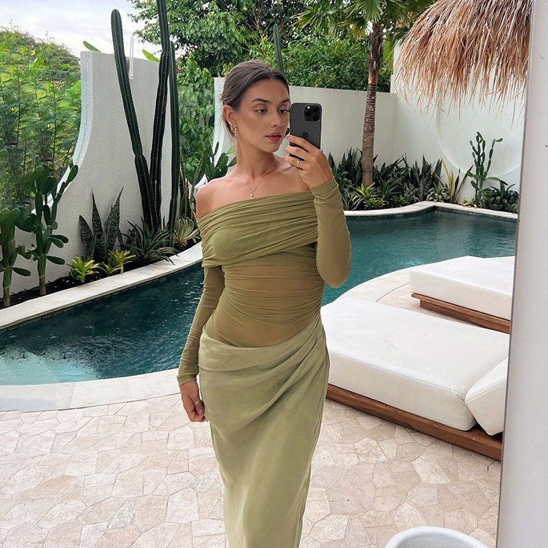 Klalien Xếp Chồng Lưới Xếp Ly Nữ Đầm Maxi Thời Trang Nóng Nhìn Xuyên Qua Full Tay Tắt Vai Bodycon Mujer Gợi Cảm Độc Đáo Đảngwear