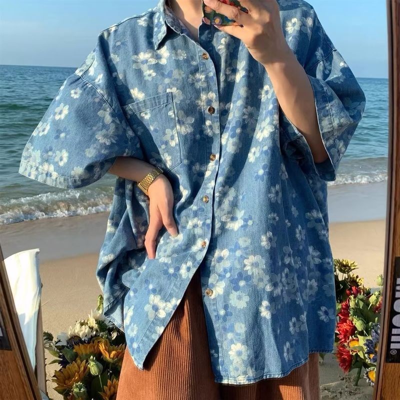 CGF Áo sơ mi Hawaii kỳ nghỉ bên bờ biển ngoài trời xu hướng hoa quần jean áo sơ mi ngắn tay