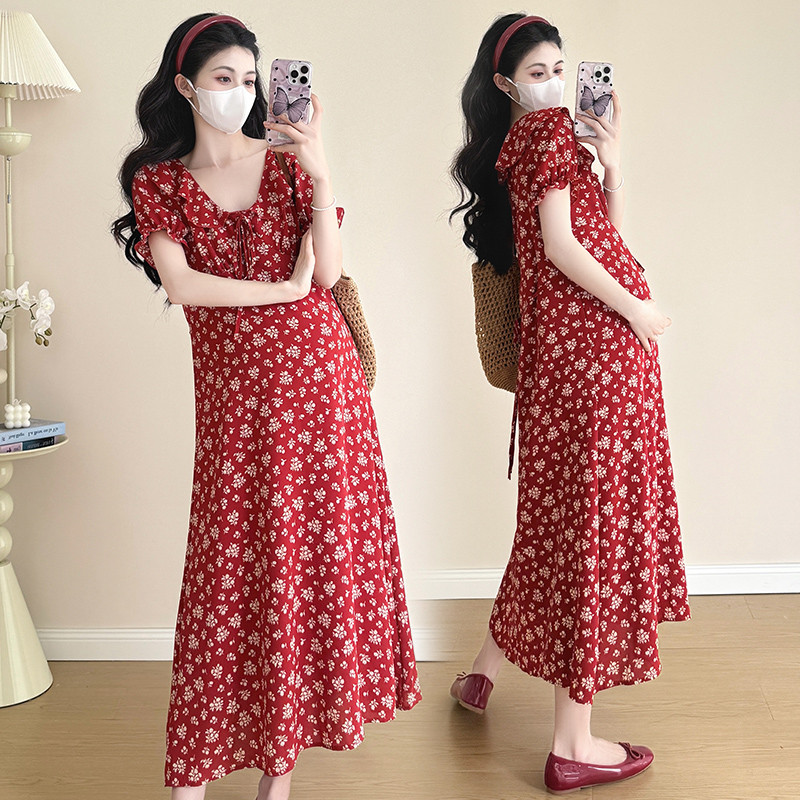 Trang phục bà bầu mùa hè 2025 Váy bà bầu cổ chữ v kiểu Pháp xù