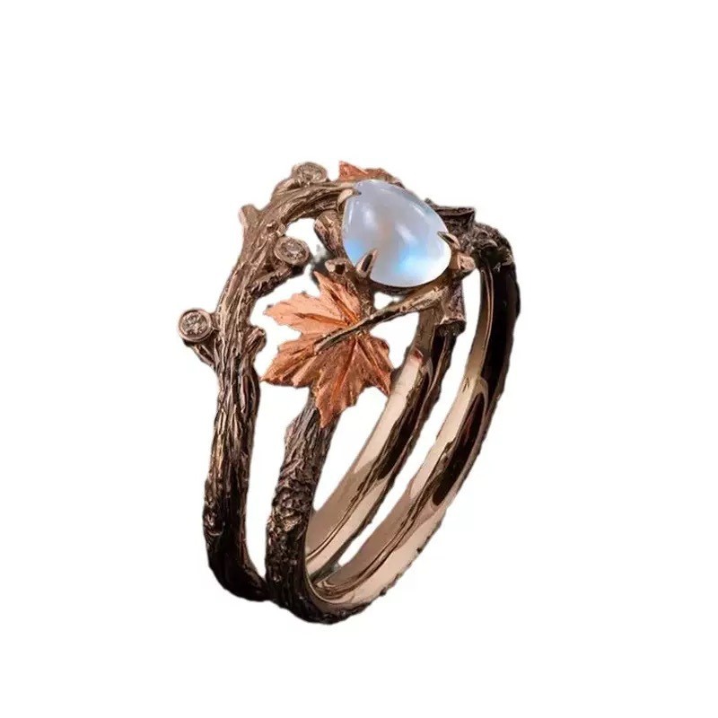 Nhẫn nữ thời trang mới sang trọng nhẹ nhàng retro vàng lá phong opal