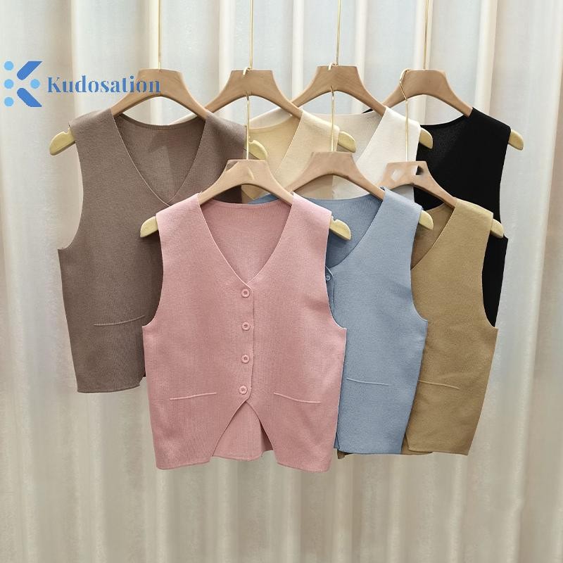 Kudosation Nữ Sang Trọng Cổ Chữ V Dệt Kim Áo Nhân Quả Ngắn Tay Áo Vest Áo Retro Màu Trơn Áo Thun Đẹp