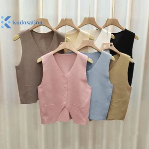 Kudosation Nữ Sang Trọng Cổ Chữ V Dệt Kim Áo Nhân Quả Ngắn Tay Áo Vest Áo Retro Màu Trơn Áo Thun Đẹp