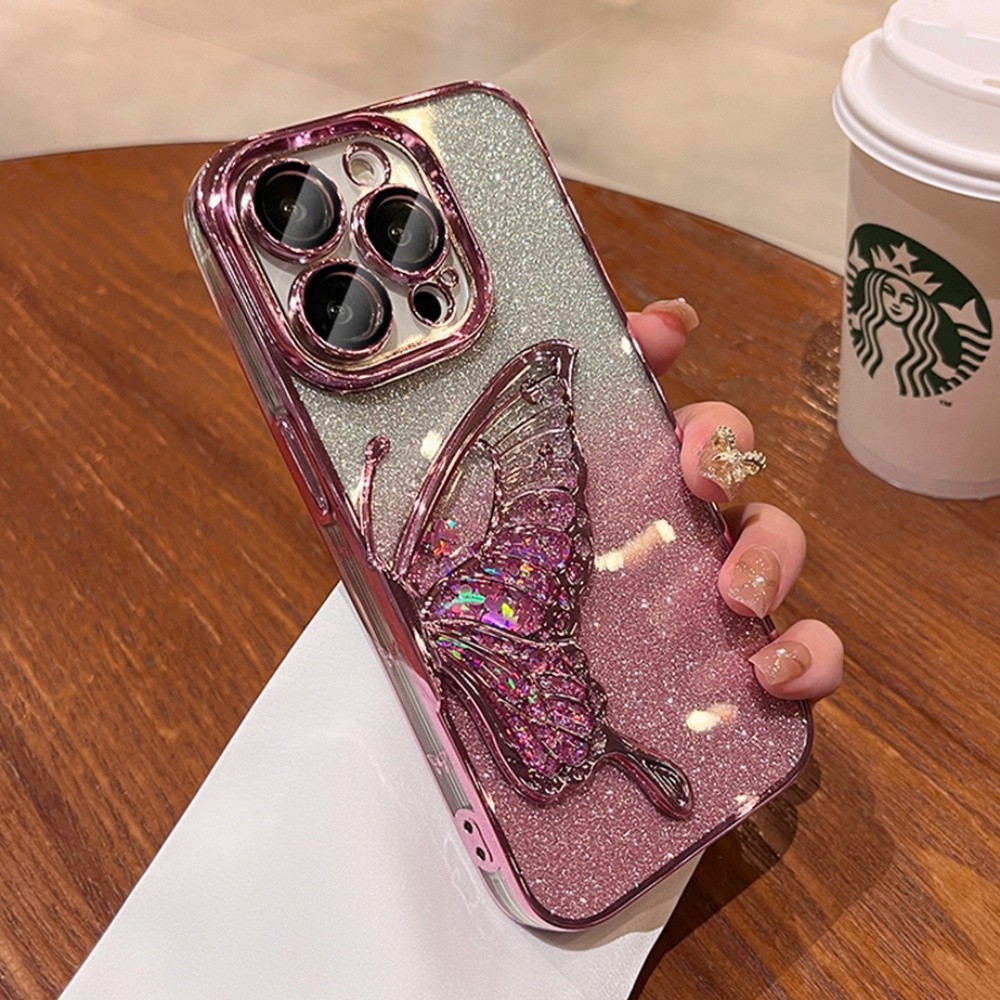 Ốp điện thoại hình bướm lấp lánh Gradient cho IPhone 12 13 14 15 Pro Max 16 Plus Vỏ nhựa TPU mềm có bảo vệ Camera Vỏ chống sốc