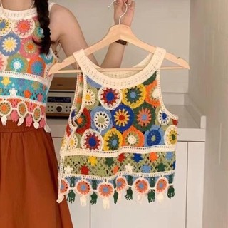 Áo len dệt kim BAIHECrop Top boho nữ, tua rua ngắn, thời trang không tay