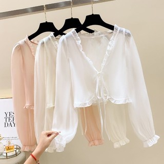 Suspender Váy Nữ Mặc Ngoài Cây Mùa Hè Giống Nấm Ren Thắt Nút Ngắn Mỏng Áo Cardigan Áo Chống Nắng Áo Sơ Mi Phù Hợp Với Váy