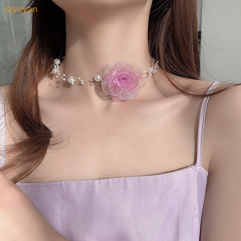 Siyuyan Ngọc Trai Lãng Mạn Choker Camellia Vòng Cổ Mùa Hè Xương Đòn Dây Xích Với Vải Hoa Ngọc Trai Cho Nữ Bữa Tối Trang Sức VN