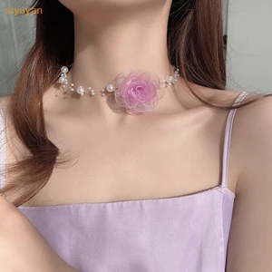 Siyuyan Ngọc Trai Lãng Mạn Choker Camellia Vòng Cổ Mùa Hè Xương Đòn Dây Xích Với Vải Hoa Ngọc Trai Cho Nữ Bữa Tối Trang Sức VN