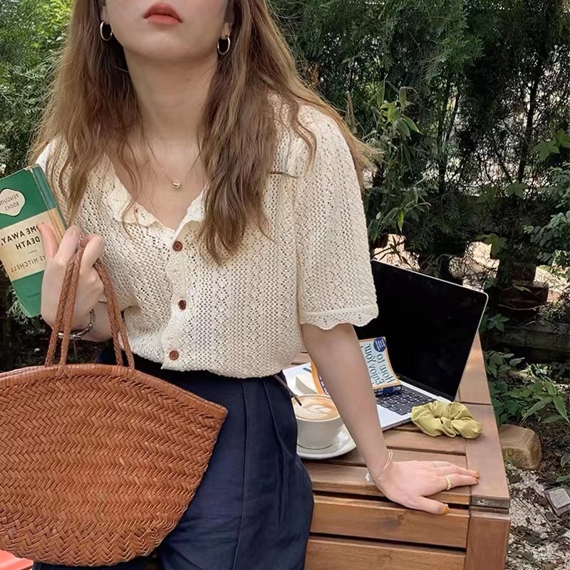 Suxi - Retro Mùa Hè Phong Cách Hàn Quốc Cổ Điển Đa Năng Ve Áo Ngắn Tay Dệt Kim Áo Thun Nữ Top 240428