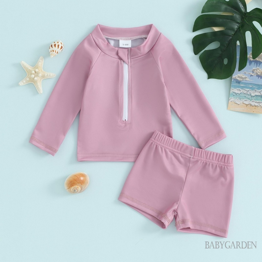 Baga-6tháng-5 tuổi Bộ đồ bơi 2 mảnh cổ tròn Dây kéo phía trước Áo bơi Rashguard dài tay + Quần short Bộ đồ tắm cho trẻ sơ sinh