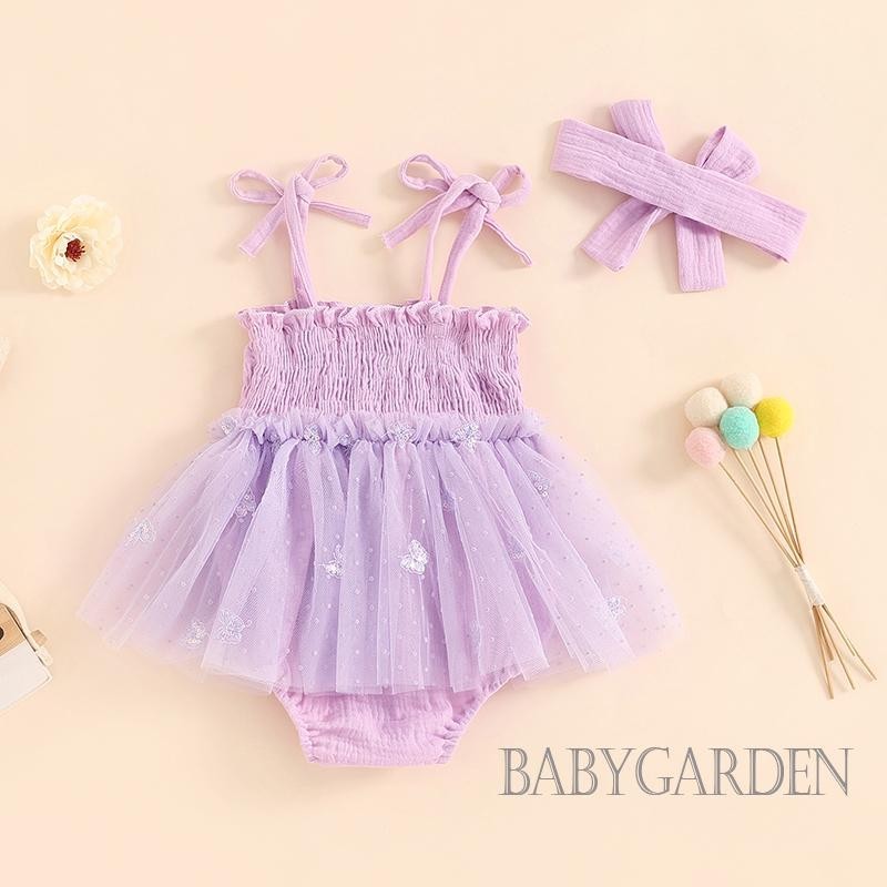 Baga-baby Bé Gái Rompers Đầm Có Băng Đô Buộc Dây Đeo Spaghetti Hoa Thêu Lưới Viền Trẻ Sơ Sinh Body Quần Áo Mùa Hè