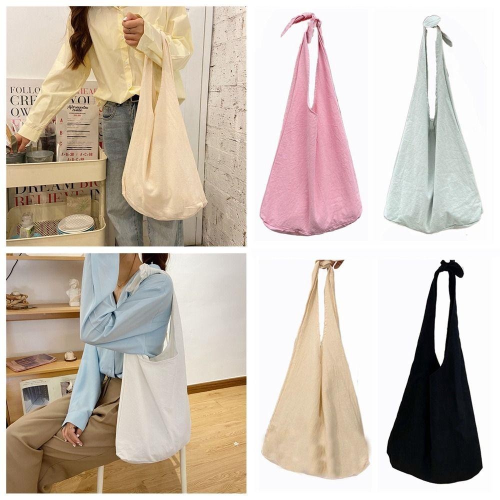 Túi đeo vai HOBBYIN, Túi Tote sức chứa lớn hàng ngày, Túi vải thắt nút màu trơn sáng tạo dành cho sinh viên