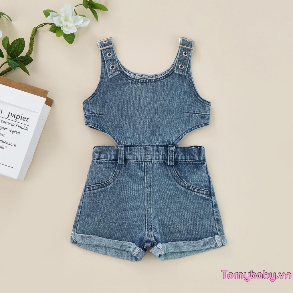 Bộ áo liền quần Denim cho bé gái màu trơn cổ vuông không tay áo liền quần rỗng cho mùa hè