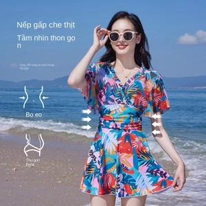 Áo tắm nữ in hình lá phong đi biển Bộ đồ Bikini che xác thịt và giảm béo Bộ đồ bơi eo cao