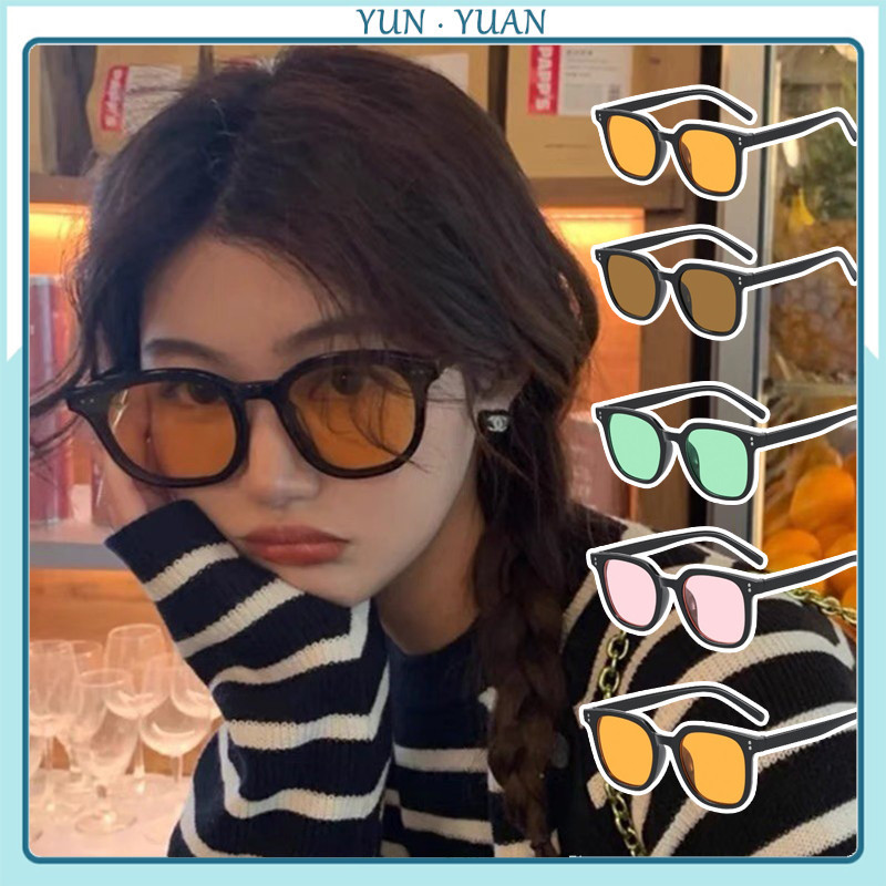 [Yunyuan] Kính râm màu vàng vuông ngoại cỡ Unisex phiên bản Hàn Quốc Chụp ảnh UV400 kèm kính râm ống kính Blush tích hợp
