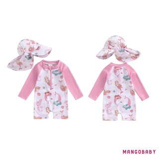 Mg-bộ đồ tắm bé gái Bộ đồ tắm dài tay Rash Guard Đồ bơi vành rộng Mũ chống nắng cho trẻ sơ sinh