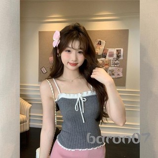 Áo len dệt kim mùa hè dành cho nữ Áo hai dây buộc màu tương phản không tay cho bữa tiệc