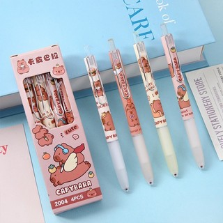 [Mực Đen] Set 4 Bút Hoạt Hình Capybara, Mắc Cài Kim Loại Đệm Tay Silicon Ngòi 0.5mm