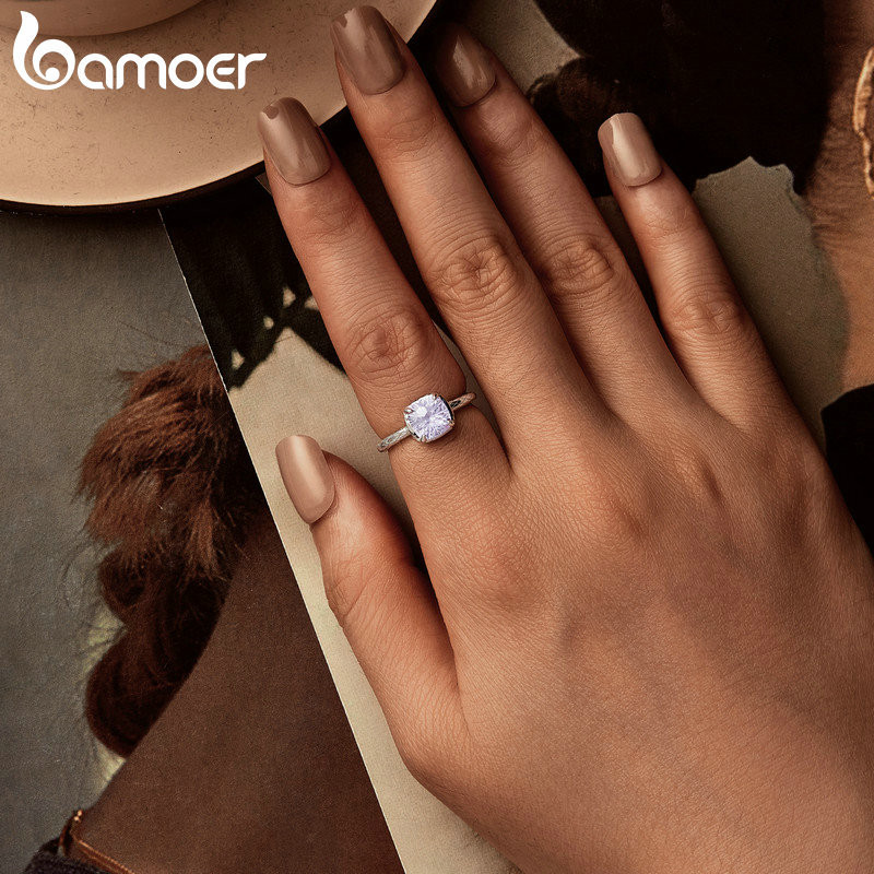 Bamoer 925 Sterling Sliver Nhẫn Tím Zircon Trang Sức Quà Tặng Cho Nữ