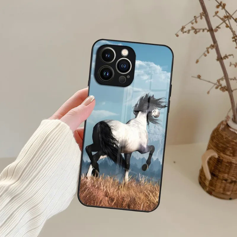 Bk-1 Động Vật Galloping Ngựa Ốp Lưng Kính Cường Lực Cho IPhone 13 14 12 11 Pro XS Max Plus Mini X XR 8 7 6s SE2020 Bao 0458