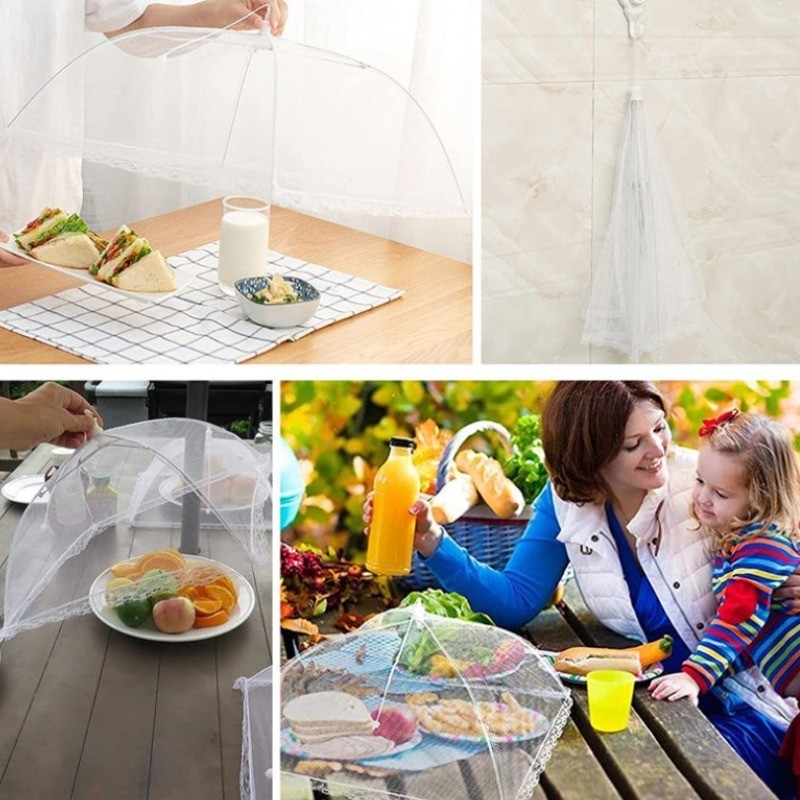 Tấm Phủ Bàn Ăn Bằng Lưới Chống Côn Trùng Hình Vuông Màu Trắng Có Thể Gập Lại, Có Thể Tháo Rời Và Giặt Được